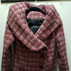 Red Plaid slouchy hood pea coat